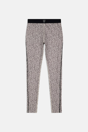 Legging de sport Jet Zèbre à plat de face, motif zèbre noir et écru, ceinture noire et liserés latéraux