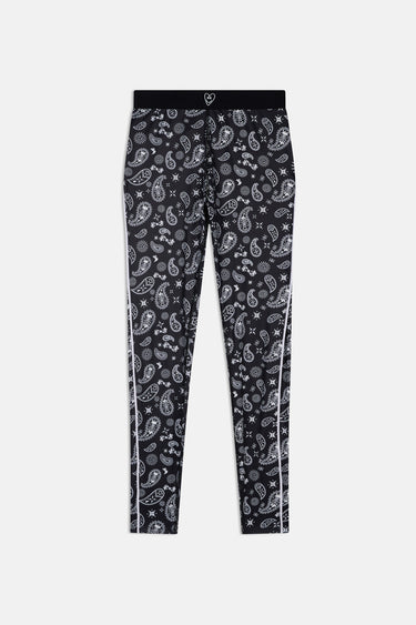 Legging de sport Jet Bandana Noir à plat de face, motif bandana cachemire blanc sur noir, liserés blancs