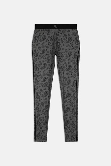 Legging de sport Jet Bandana Kaki à plat de face, motif bandana cachemire noir sur fond gris vert, ceinture noire