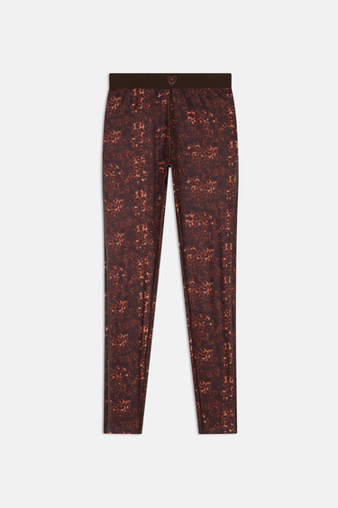 Legging de sport Jet Léopard à plat de face, imprimé léopard brun et orange, ceinture marron foncé