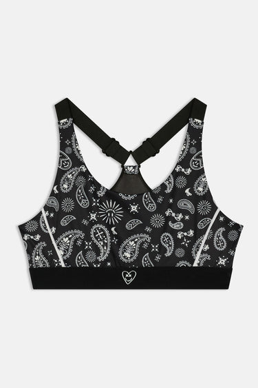 Brassière de sport Judoka Bandana Noir à plat de face, motif cachemire blanc, bretelles croisées et coeur sur la bande