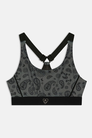 Brassière de sport Judoka Bandana Kaki à plat de face, motif cachemire noir sur gris vert, bande élastique noire