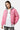 Blouson Eschott Rose porté de face par une mannequin femme, capuche grise, écusson cœur et poche de manche zippée