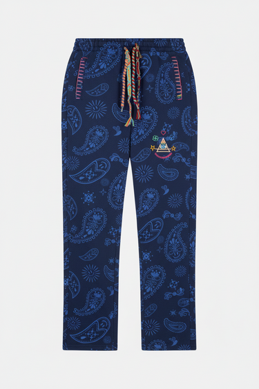 Jogging Fiby Bandana Bleu Marine à plat, motif paisley bleu, cordon multicolore et petit écusson brodé sur la hanche