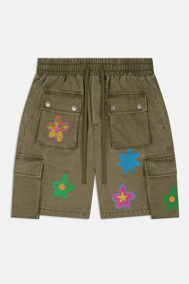 Short cargo Jolan Kaki à plat, vue de face, poches à rabat, cordon et fleurs multicolores brodées