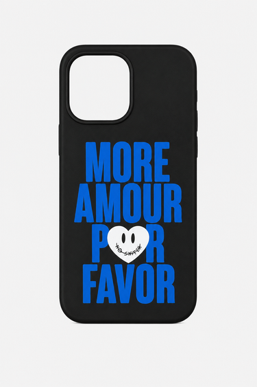 Coque de téléphone Josa Noir, inscription bleue More Amour Por Favor avec cœur blanc souriant, vue de dos