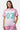 T-shirt Jovann Écru en mesh à épaules roses porté par une mannequin femme, numéro 03 vert d'eau, col V rayé