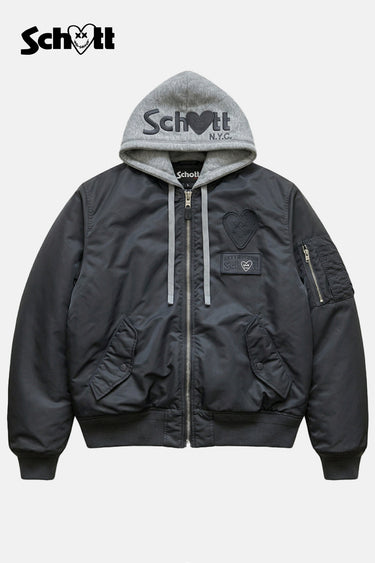Blouson bomber Eschott Gris à plat, de face, capuche amovible en molleton gris, logo Schott N.Y.C. et cœur, zip central