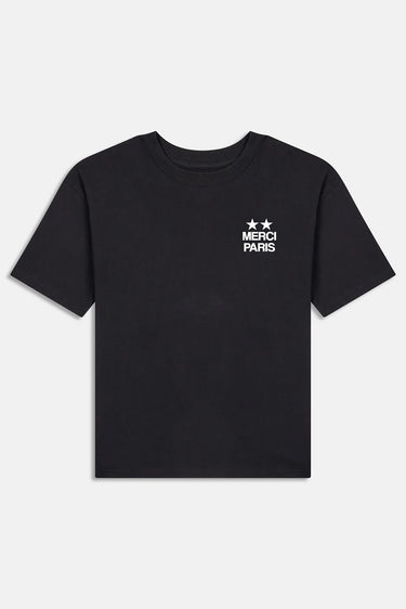 T-shirt 2etoiles Noir à plat, vu de face, deux étoiles et inscription Merci Paris blanche sur la poitrine