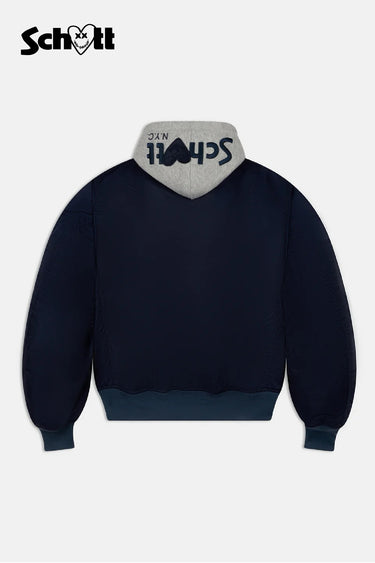 Blouson bomber à capuche Eschott Bleu marine à plat, vu de dos, capuche grise avec inscription Schott NYC