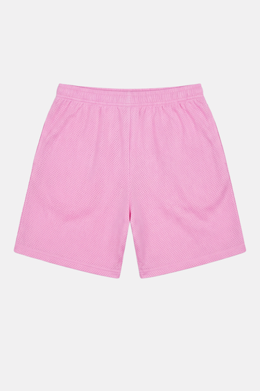 Short Joao Rose à plat, vu de dos, tissu rose uni à taille élastiquée et sans motif