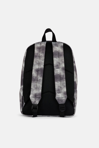 Sac à dos Egan Noir délavé vu de dos, bretelles rembourrées réglables, motif tie-dye gris et noir