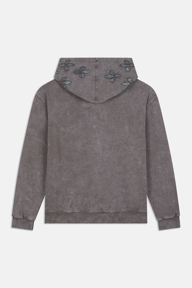 Sweat à capuche zippé Ejack Gris vu de dos à plat, fleurs de lys brodées sur la capuche