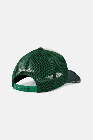 Casquette trucker Evander Vert vue de dos, filet vert, fermeture réglable et inscription ElevenParis brodée