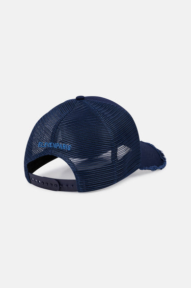 Casquette trucker Evander Bleu Marine vue de dos, filet bleu marine et inscription ElevenParis bleue