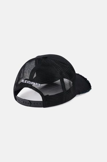 Casquette trucker Evander All Black vue de dos, filet noir, fermeture réglable et inscription ElevenParis blanche