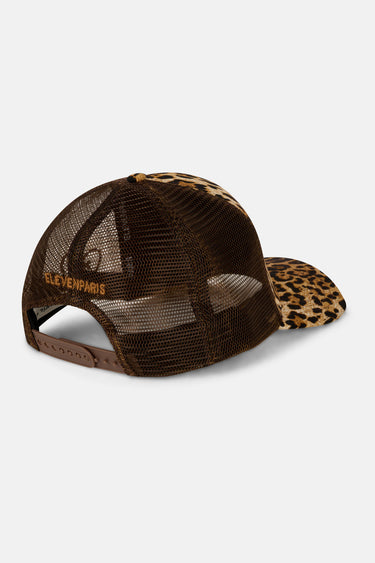 Casquette trucker Elowen Léopard vue de dos, filet marron et inscription ElevenParis brodée orange