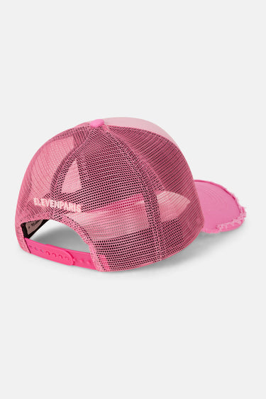 Casquette trucker Evander Rose vue de dos, filet rose et inscription ElevenParis brodée rose pâle