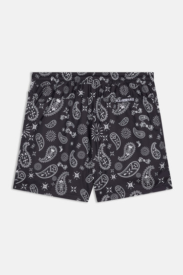 Maillot de bain Jibby Noir vu de dos à plat, imprimé bandana paisley blanc et inscription sur la poche