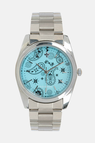Montre Fito Turquoise de face, bracelet en acier, cadran turquoise à motif bandana paisley noir