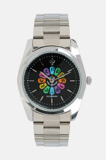 Montre Flappy Noir de face, bracelet acier, cadran noir avec fleur aux pétales multicolores et inscription ElevenParis