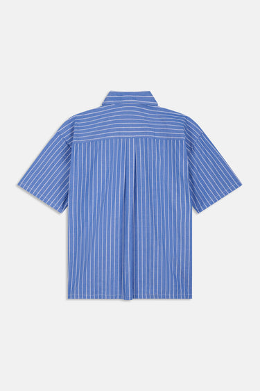 Chemise Jovenis Bleu à manches courtes rayée, vue de dos à plat avec pli creux sous l'empiècement