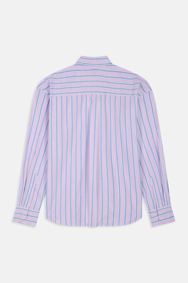 Chemise Juvaris Lilas à rayures bleues vue de dos à plat, manches longues et poignets boutonnés