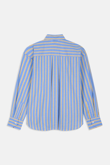 Chemise Juvaris Bleu à rayures jaunes vue de dos à plat, manches longues et poignets boutonnés