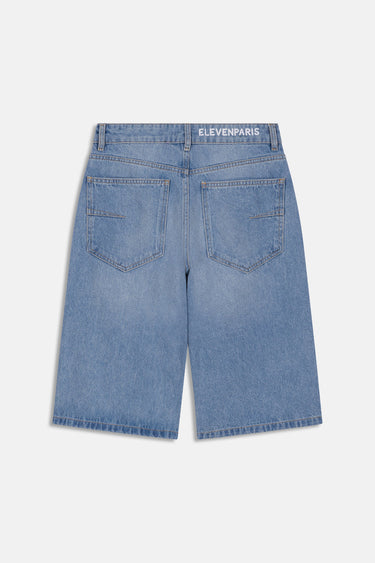 Short Jeva Bleu Jean vu de dos à plat, poches arrière et inscription ElevenParis sur la ceinture