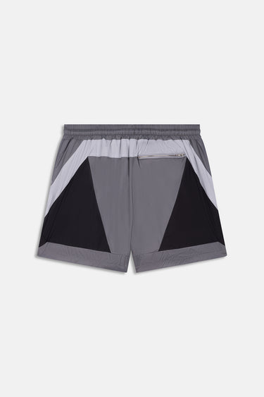 Maillot de bain Jorvick Noir vu de dos à plat, panneaux gris et noirs avec petite poche zippée