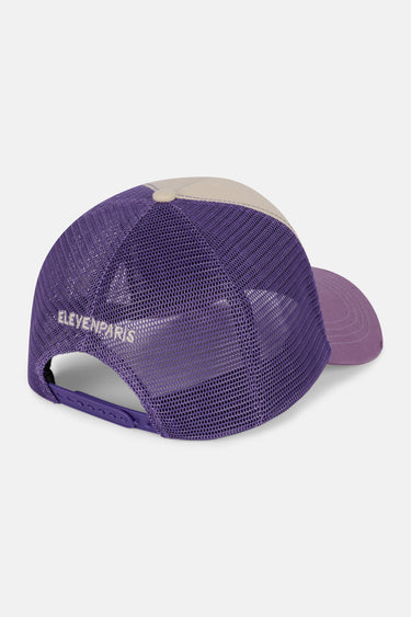 Casquette trucker Elowen Lilas vue de dos, filet violet, fermeture réglable et inscription ElevenParis brodée écru