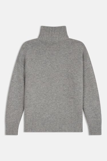 Pull Emile Gris chiné à col montant vu de dos à plat, maille épaisse et bords côtes