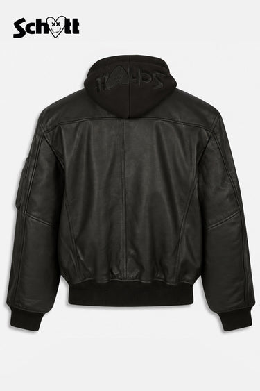 Blouson à capuche Eschott Cuir Noir vu de dos à plat, capuche en jersey noir et bas côtelé