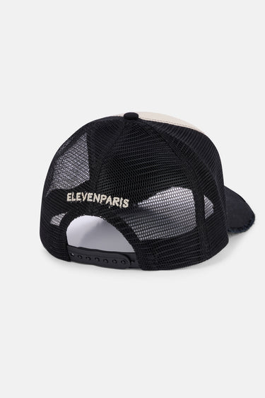 Casquette trucker Evander Noir vue de dos, filet noir, bandeau de réglage et inscription Eleven Paris brodée