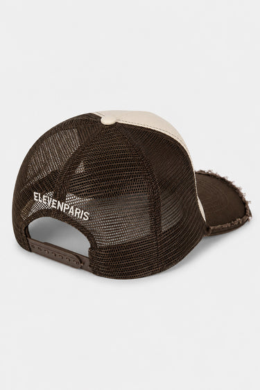 Casquette trucker Evander Cacao vue de dos, filet marron, bandeau de réglage et inscription Eleven Paris brodée