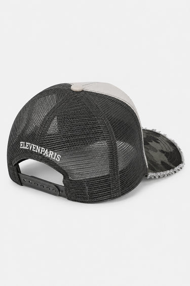 Casquette trucker Evander Camouflage vue de dos, filet gris foncé, inscription Eleven Paris et visière camouflage