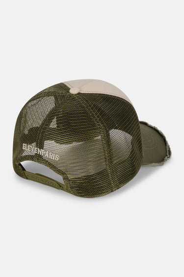 Casquette trucker Evander Kaki vue de dos, filet kaki, sangle de réglage et inscription Eleven Paris