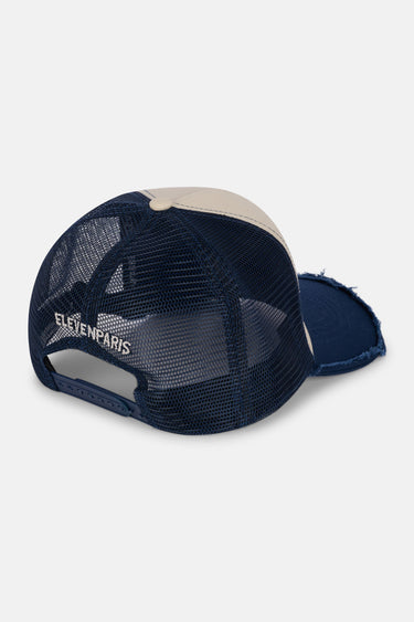 Casquette trucker Evander Bleu Marine vue de dos, filet bleu marine et inscription Eleven Paris brodée