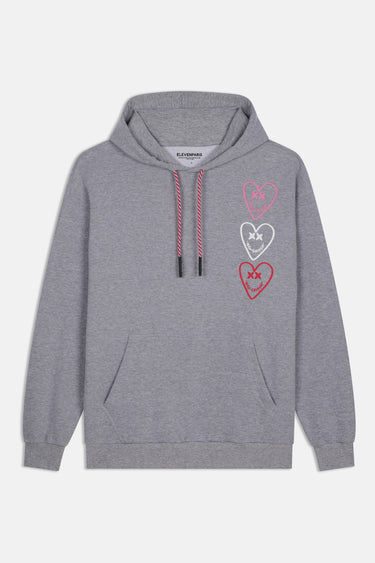 Sweat à capuche Evy Gris Chiné de face à plat, trois cœurs smiley roses, blanc et rouge, cordons tressés