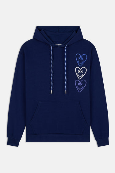 Sweat à capuche Evy Bleu Marine de face à plat, trois cœurs smiley bleus et blanc, cordons rayés, poche kangourou