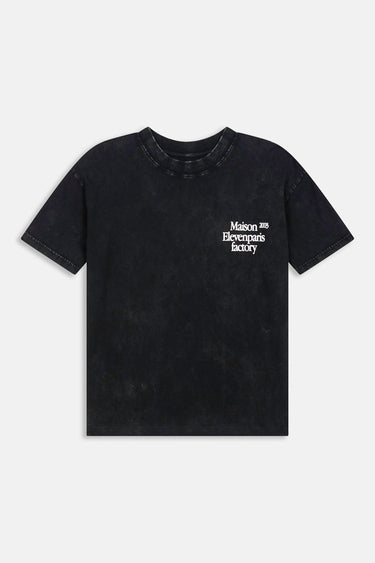 T-shirt Lys Noir délavé de face à plat, petite inscription blanche Maison Elevenparis factory sur la poitrine