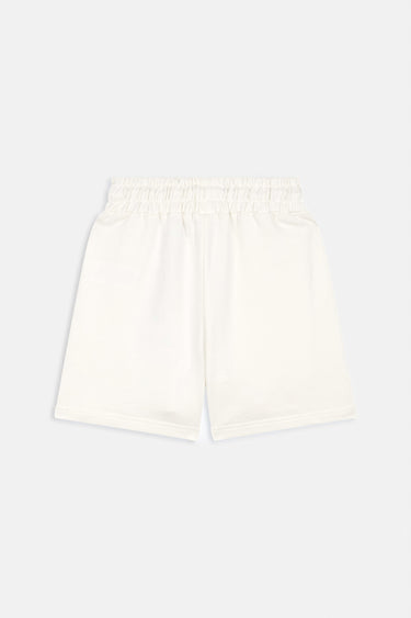 Short Maestro Écru vu de dos à plat, taille élastiquée et tissu uni sans motif