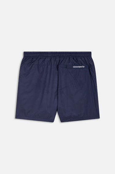 Maillot de bain Nibby Bleu nuit vu de dos à plat, poche arrière avec inscription blanche