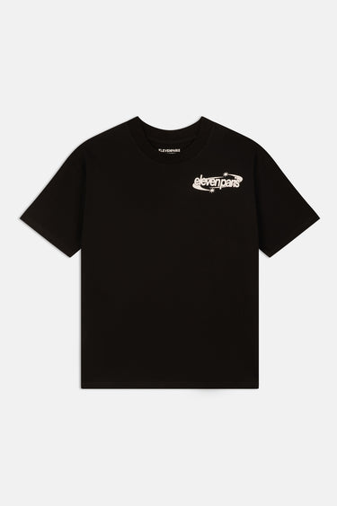 T-shirt Fabea Noir de face à plat, petit logo Eleven Paris blanc avec étoiles sur la poitrine