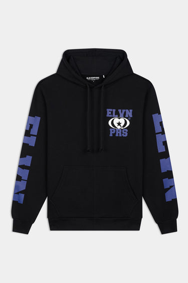 Sweat à capuche Fabian Noir de face à plat, logo ELVN PRS bleu sur la poitrine et ELVN sur les manches