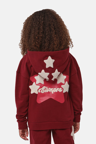 Sweat à capuche Falou Bordeaux vu de dos sur enfant, grande étoile rose avec logo Eleven Paris et étoiles écrues