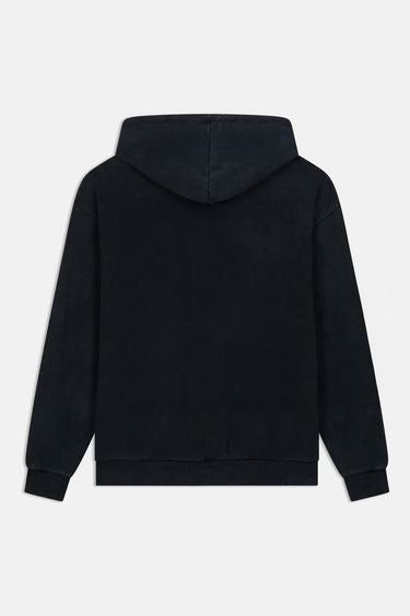 Sweat à capuche Faon Noir Délavé à plat sur fond blanc, vue de dos, effet délavé sans motif