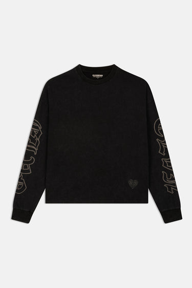 T-shirt Farah Noir Délavé à manches longues à plat, vue de face, inscriptions gothiques sur les manches et petit cœur