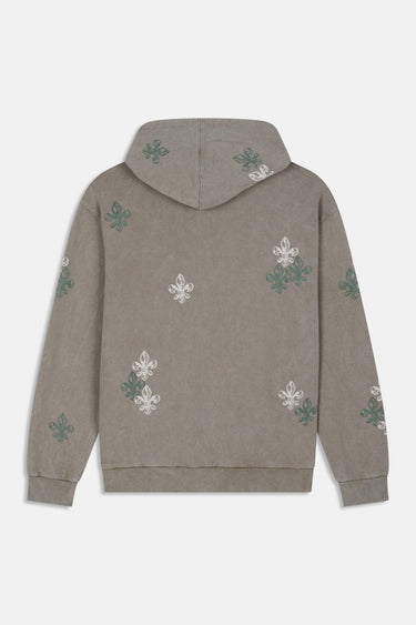 Sweat à capuche zippé Farell Kaki à plat, vue de dos, fleurs de lys blanches et vertes sur fond kaki délavé
