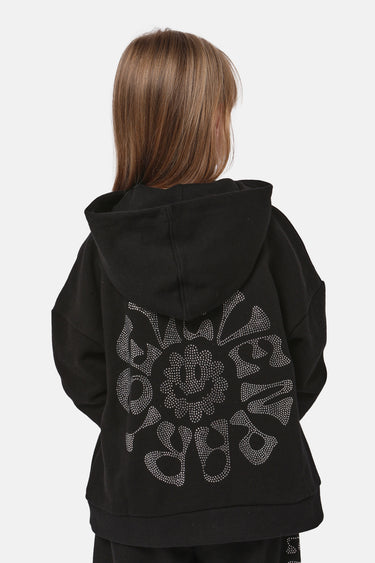 Sweat à capuche Farry Noir vu de dos sur enfant, grand smiley fleur et lettrage ELEVENPARIS en strass